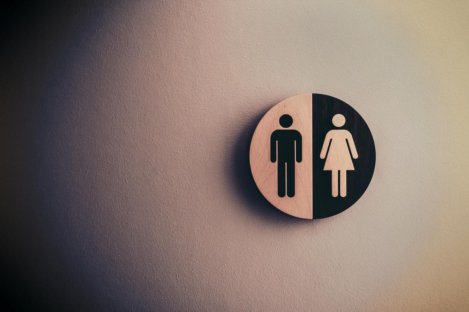 photo of a bathroom sign, a white and black male and female characters